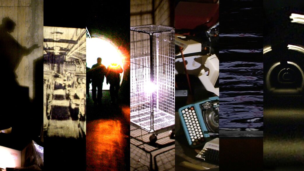 A collage of nine vertical image strips showing shadowy figures, industrial machinery, a wire cage with light, a vintage typewriter, dark water, and atmospheric tunnel scenes.