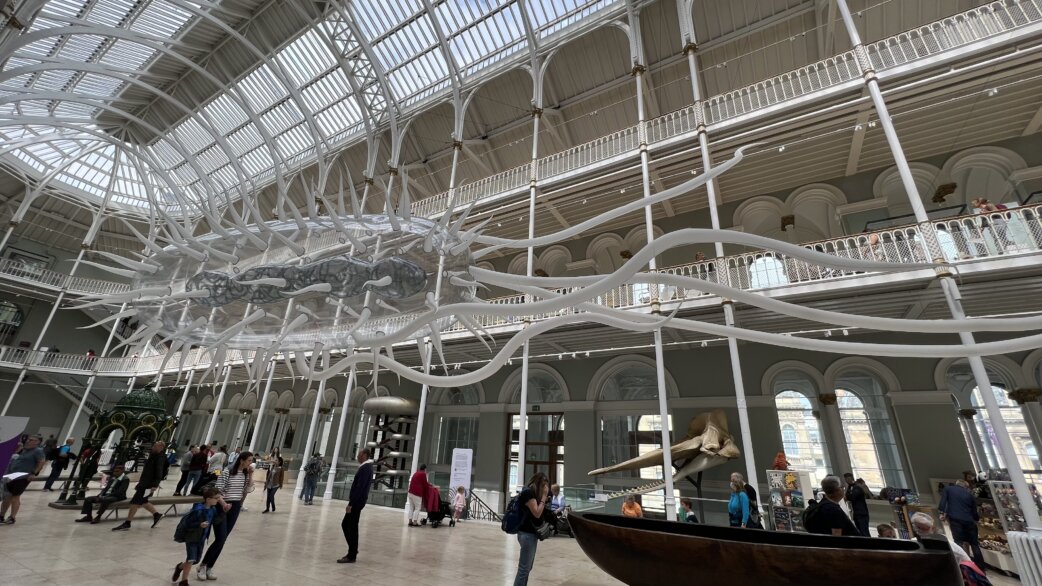 A giant inflatable E. coli sculpture, approximately 30 metres long, suspended in the Grand Gallery of the National Museum of Scotland, with visitors walking beneath.
