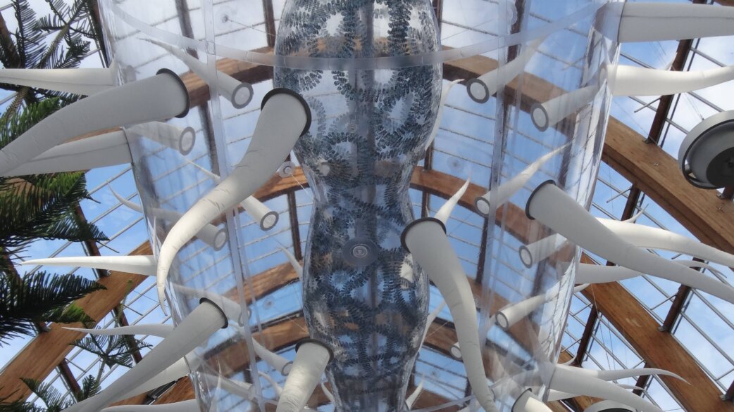 Looking up at a giant inflatable E. coli sculpture with translucent body and white flagella, suspended in Sheffield Winter Gardens beneath a glass and timber roof structure with cloudy blue sky visible behind.