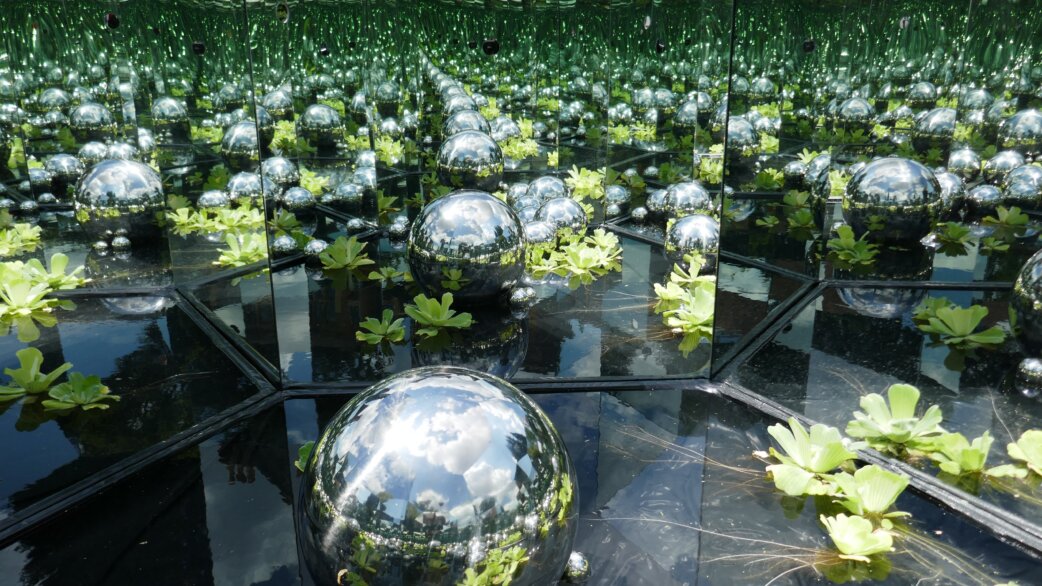 An infinity mirror installation featuring reflective silver spheres and green water plants floating on dark water, creating endless visual repetitions through mirrored surfaces.
