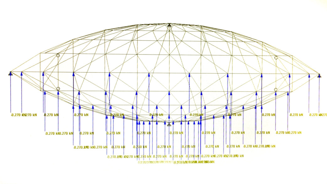 Structural engineering diagram showing a dome-shaped framework with load arrows, each labelled 0.270 kN, representing wind analysis for the Palm Temple sculpture.