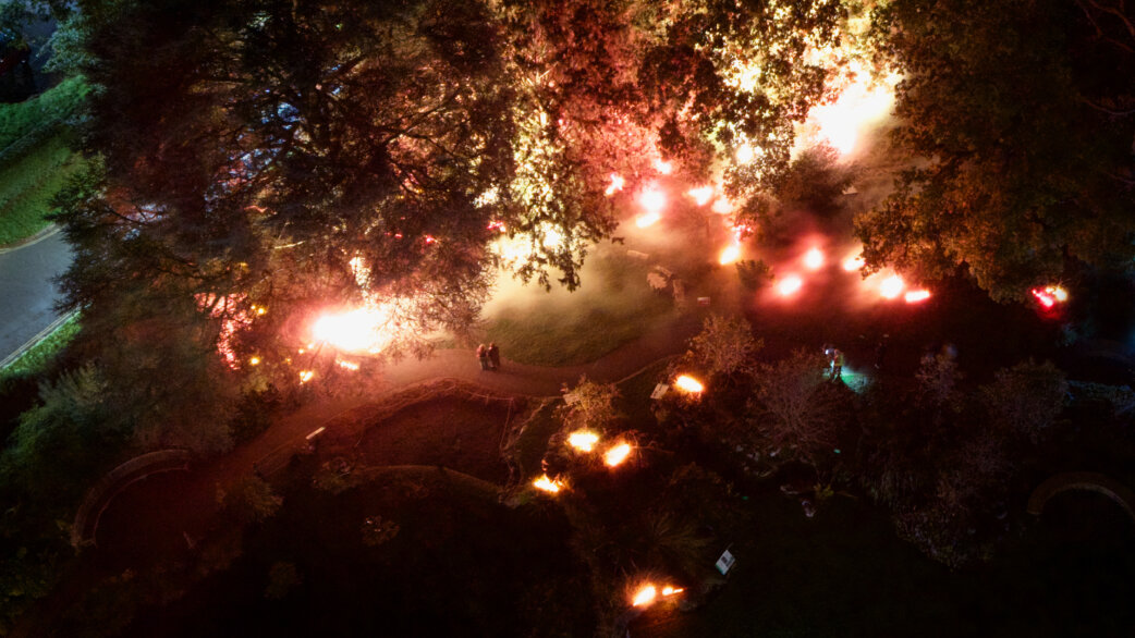 Aerial night view of a simulated forest fire installation with multiple glowing orange flames and smoke scattered among trees in a botanic garden setting.