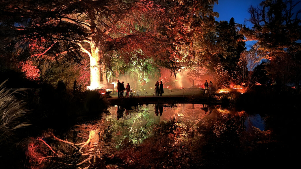 A nighttime outdoor installation showing silhouetted visitors on a bridge over a pond, surrounded by trees illuminated in warm orange and red tones simulating a forest fire.