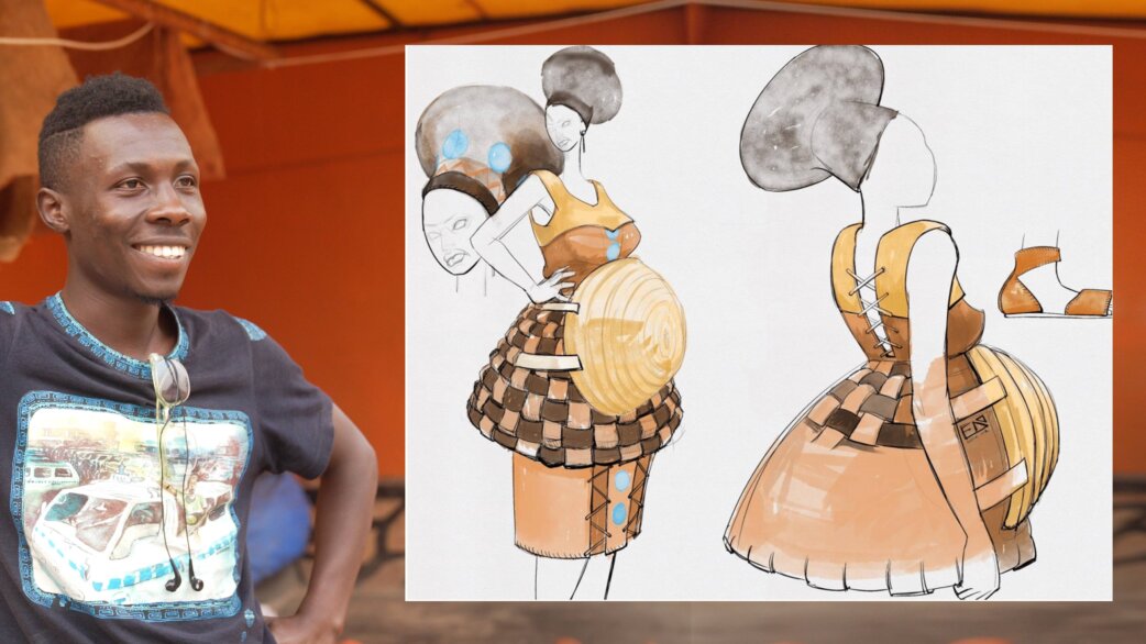 A smiling young man in a graphic t-shirt stands beside his fashion sketches showing two figures wearing sculptural dresses with woven basket-like skirts in brown and orange tones.