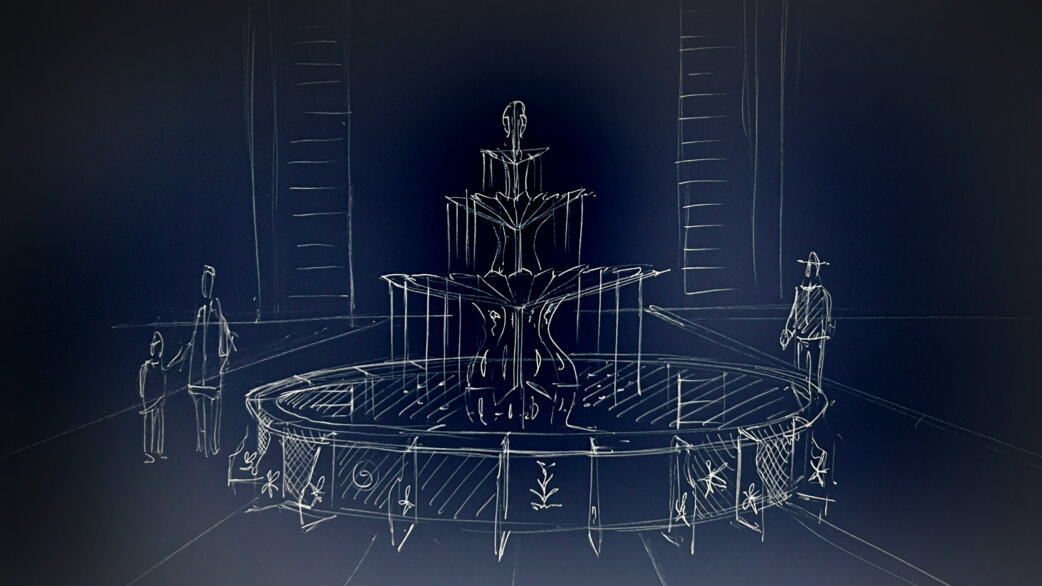 Architectural sketch in white lines on dark blue background showing a multi-tiered circular fountain with decorative railing, flanked by figures including an adult with child and a person wearing a hat.