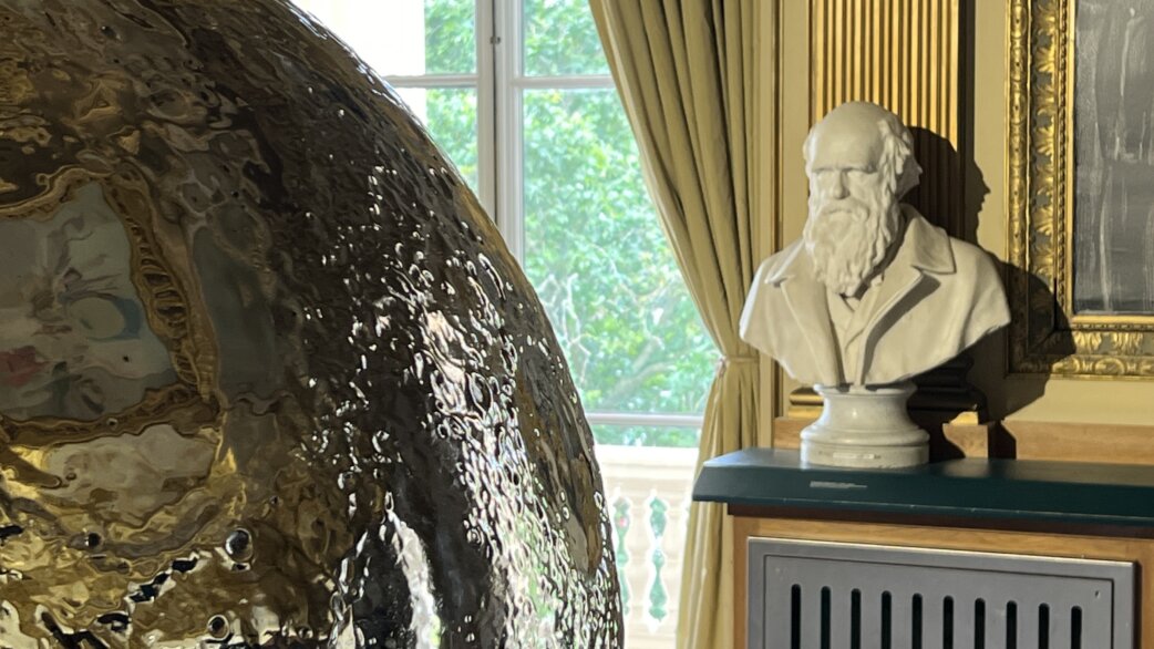 A reflective stainless steel moon sculpture with detailed crater textures in the foreground, with a white marble bust of Charles Darwin visible in the background at the Royal Society, London.