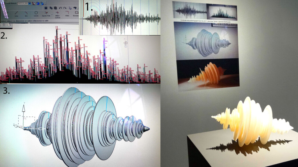 A collage showing the creation process of a 3D-printed sculpture based on seismograph data from the 2011 Tōhoku earthquake: CAD software screenshots and the final cream-coloured sculptural form measuring approximately 30cm.